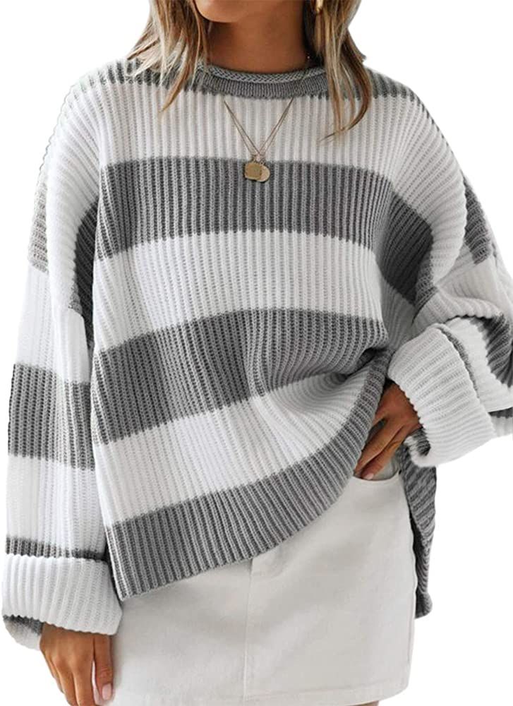 Women's Long Sleeve Crew Neck Striped Color Block Comfy Loose Oversized Knitted Pullover Sweater | Amazon (US)