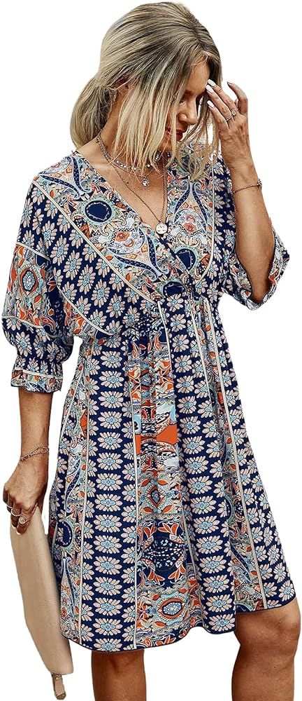 Romwe Women's Boho Tribal Print Short Sleeve V Neck Tie Back Summer Shift Dress | Amazon (US)