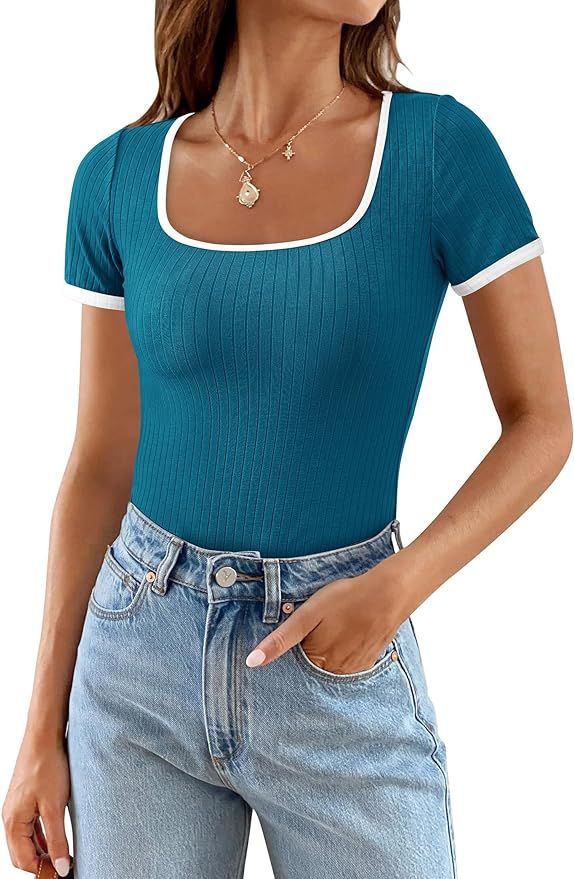 PRETTYGARDEN Women's Summer Short Sleeve T Shirts Ribbed Knit Square Neck Color Block Slim Fit Ba... | Amazon (US)