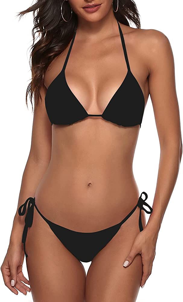 Women Two Piece Bikini Swimsuit Sexy Bathing Suits Halter Triangle Tops String Bikini Sets | Amazon (US)