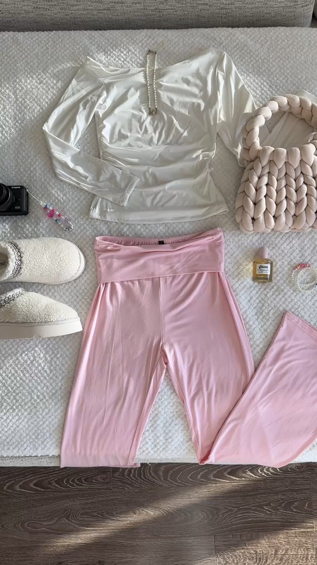 pink + cream outfits for fall 🌸🤍🍂

[autumn outfit ideas, pastel fashion, that girl style, clean girl pinterest aesthetic, flared leggings, off the shoulder long sleeve top, cozy shearling slippers, affordable amazon finds] 

#LTKSeasonal #LTKFindsUnder50 #LTKFindsUnder100