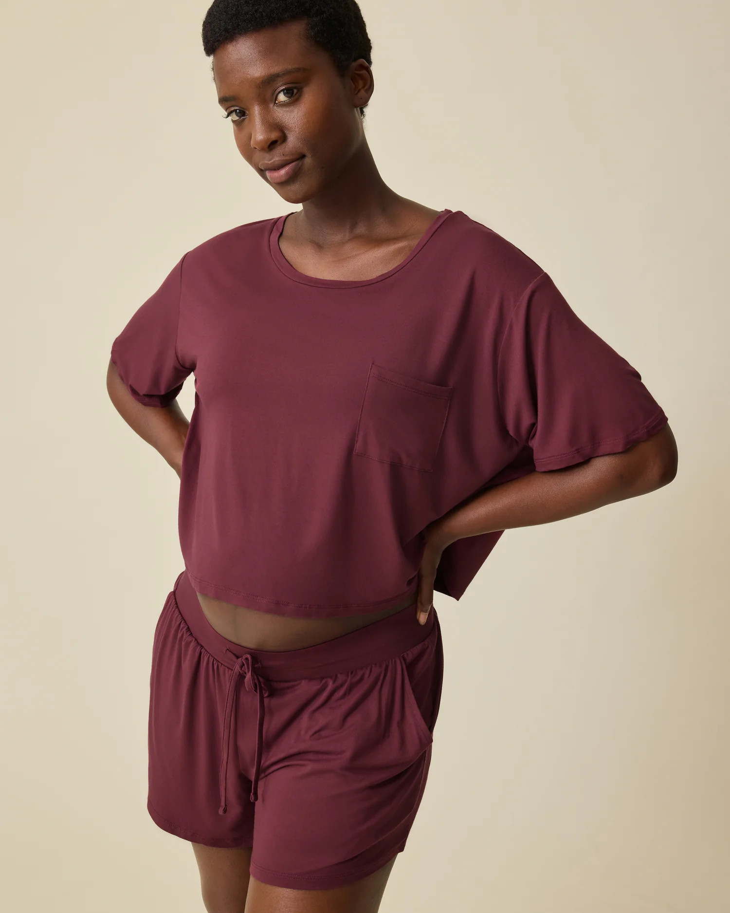 Aria Bamboo Casual Cropped Short Sleeve Top | Deep Burgundy - Kindred Bravely | Kindred Bravely