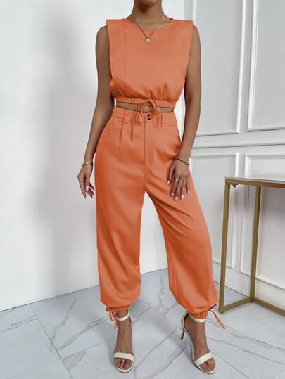 Tight Hem Knot Front Top & Knot Side Jogger Pants | SHEIN