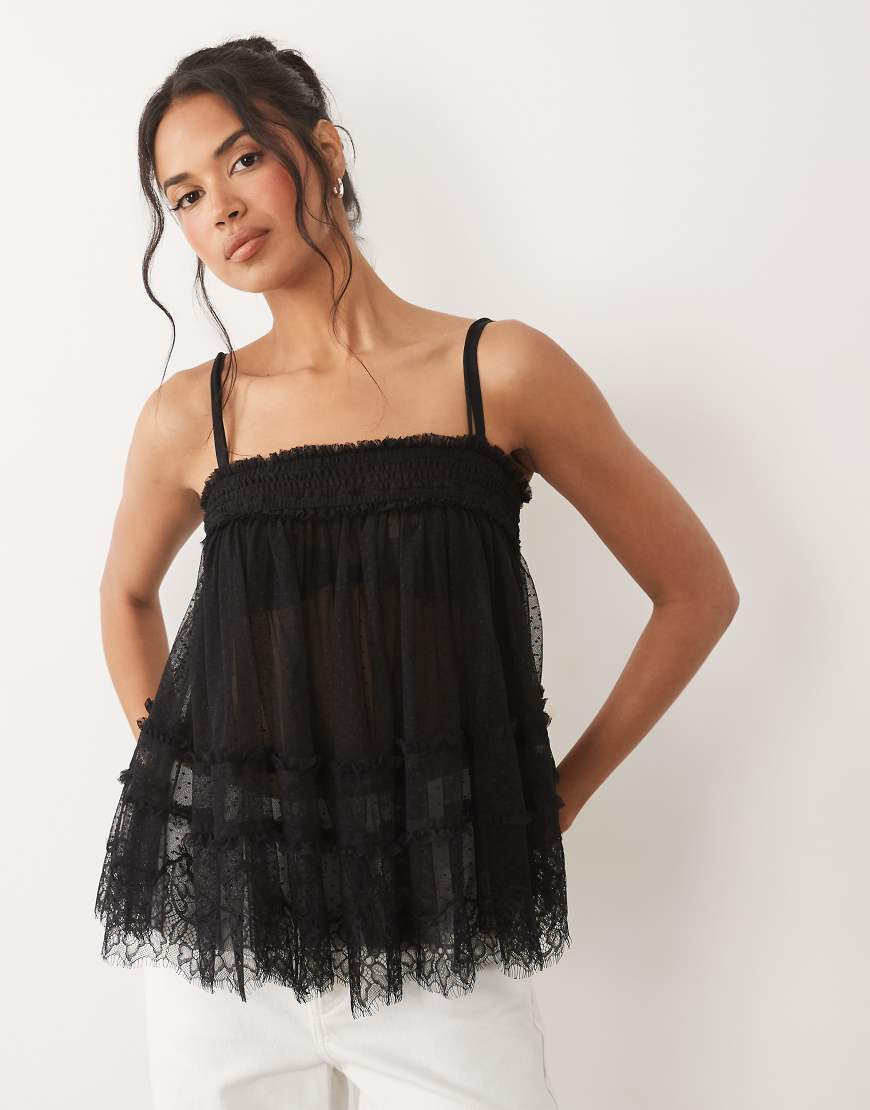 ASOS DESIGN tiered textured cami with ruffles in black | ASOS (Global)