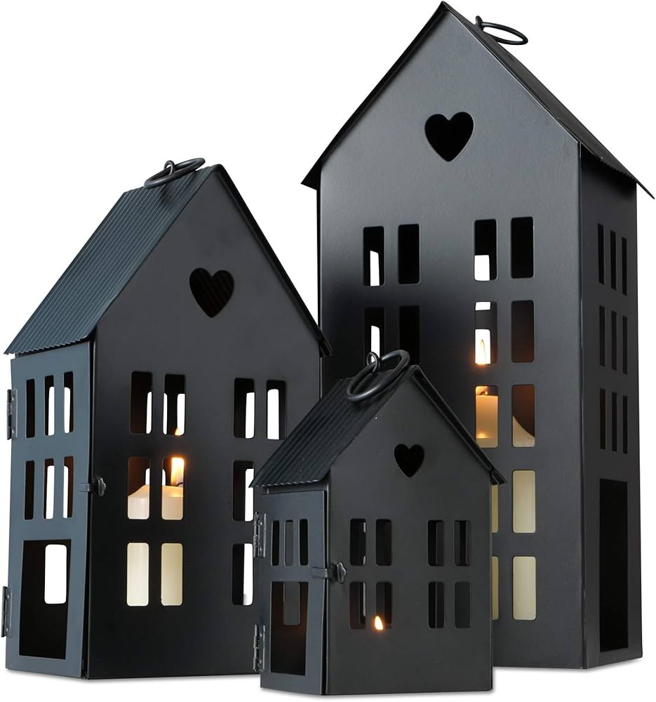 Main Street Town House Candle Lanterns, Set of 3, Vintage Style, Heart Details, Rustic Black, Met... | Amazon (US)