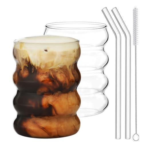 ALINK Drinking Glasses with Glass Straws Set of 2, 12 oz Wave Shape Bubble Glass Cups, Beer Glasses, Iced Coffee Glasses, Cocktail Glasses, Whiskey Soda Water Cup with Cleaning Brush | Amazon (US)