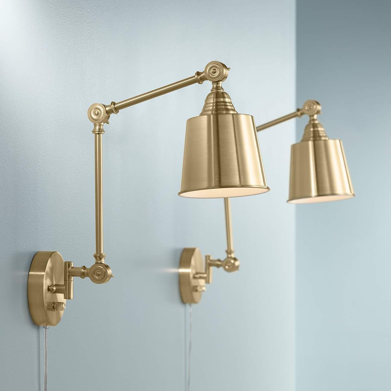 Mendes Antique Brass Downlight Swing Arm Plug-In Wall Lamps Set of 2 | Lamps Plus