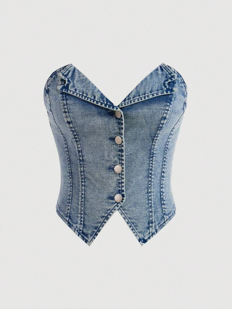 SHEIN MOD Women's Retro Sweetheart Neckline Denim Top With Transparent Shoulder Straps | SHEIN