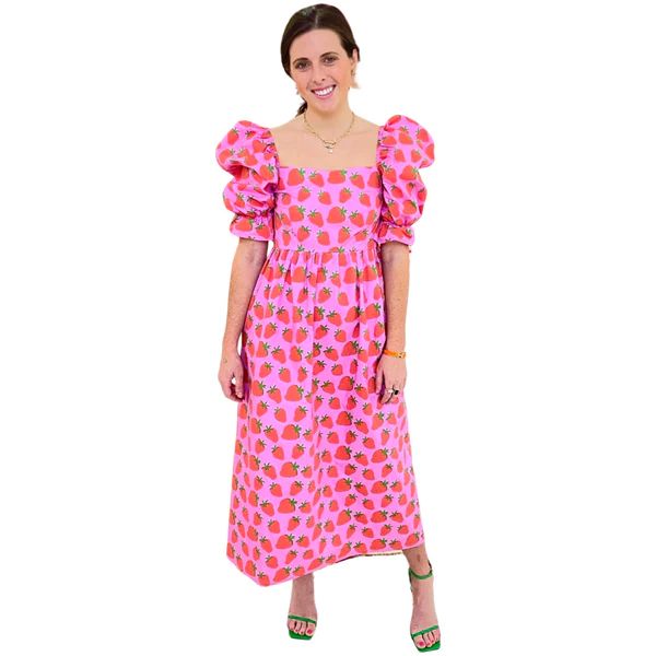 Strawberry Cotton Poplin Small Batch Sophie Dress, Handmade in the UK | James Ascher