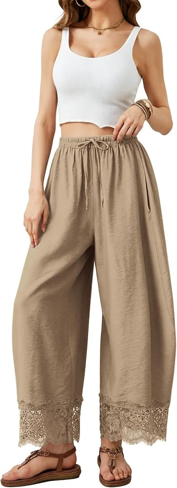 IWH Cropped Lace Trim Pants Women Wide Leg Barrel Silk Bottom Petite Length | Amazon (US)