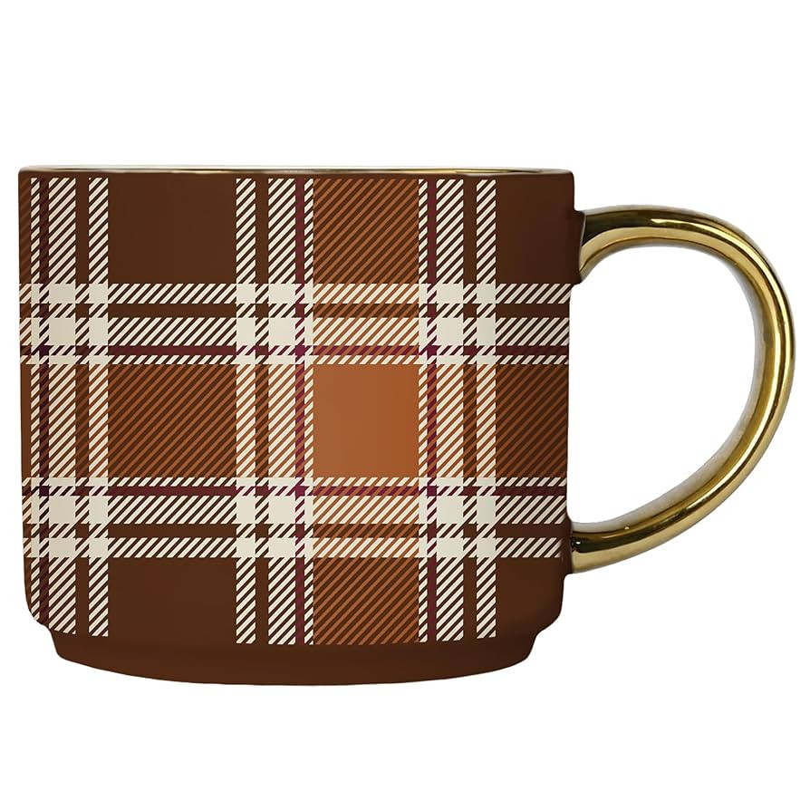 Sweet Water Decor Brown Plaid Mug with Gold Handle, 14oz Fine Bone China Coffee Cup for Tea, Latt... | Amazon (US)