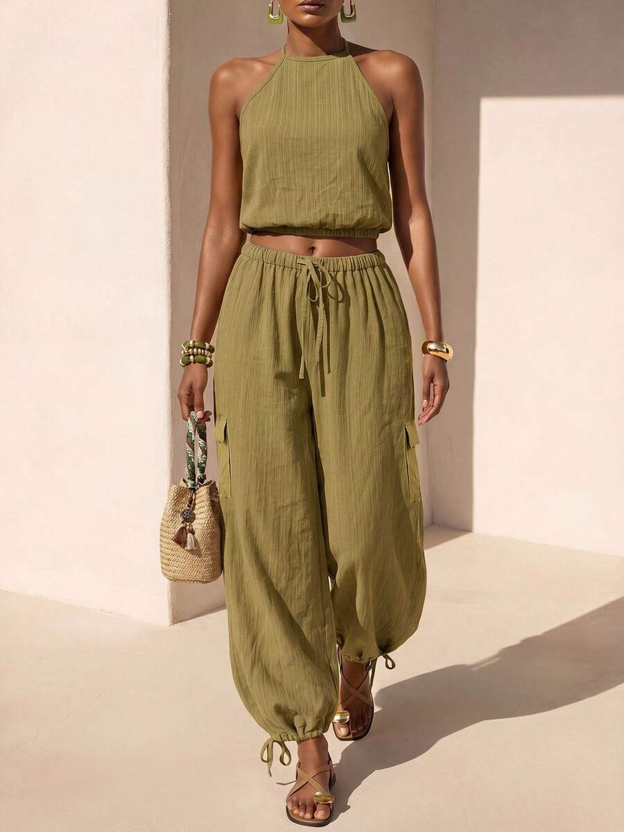Zivah New Summer Boho Vacation Western Nomadic Casual Mustard Yellow Halter-Neck Backless Tank To... | SHEIN