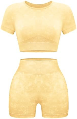 OLCHEE Womens Workout Sets 2 Piece - Seamless Acid Wash Yoga Outfits Shorts and Crop Top Matching... | Amazon (US)