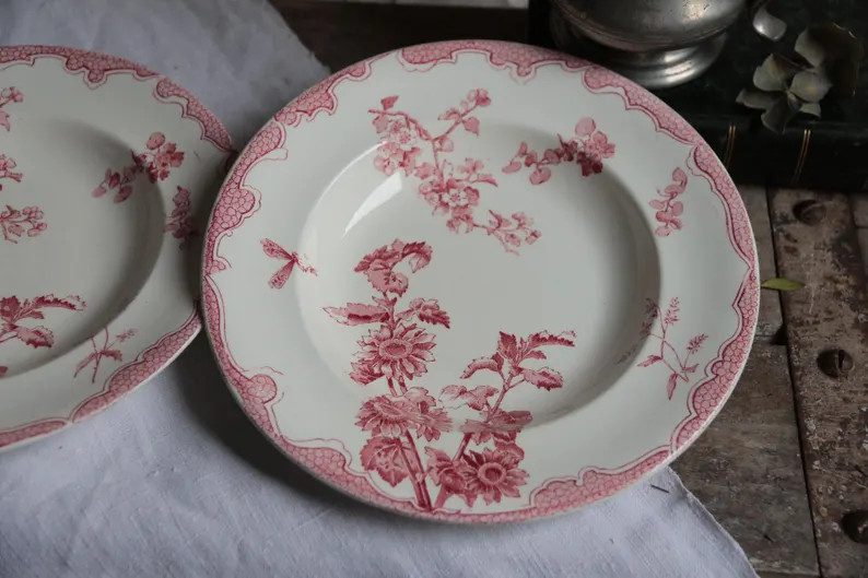 Set of 2 French Antique Ironstone Red Transferware Deep Plates. Soup Plates Pasta Bowls Rose Tran... | Etsy (US)