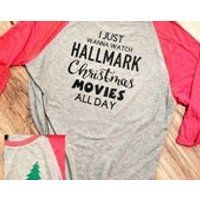 I just wanna watch Christmas Hallmark movies all day baseball sleeve raglan shirt Christmas tree super soft comfy red gray black glitter | Etsy (US)