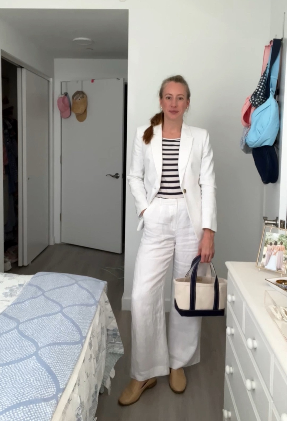 Classic warm winter outfit. Linen blazer, linen pants, striped top, boat and tote  

#LTKFindsUnder100 #LTKStyleTip #LTKSeasonal