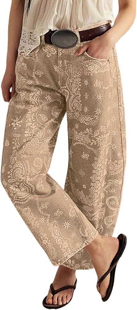 loveimgs Women Boyfriend Baggy Barrel Jeans Floral Print Denim Ankle Pants Wide Leg Mid Rise Jean... | Amazon (US)