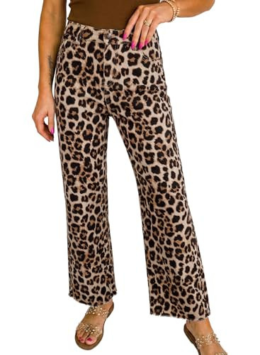 Astylish Women's Leopard Print Stretchy Breathable Flared Wide Leg High Waisted Jeans Tummy Control Trendy Casual Baggy Cropped Raw Hem Ankle Denim Pants Plus Size Spring Clothing Beige Size 16 | Amazon (US)