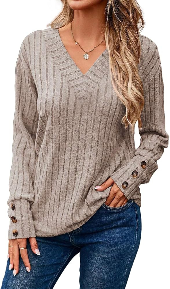 Dokotoo Womens Soft Long Sleeve V Neck Shirts Solid Casual Decorative Buttons Knitted Pullover Tu... | Amazon (US)