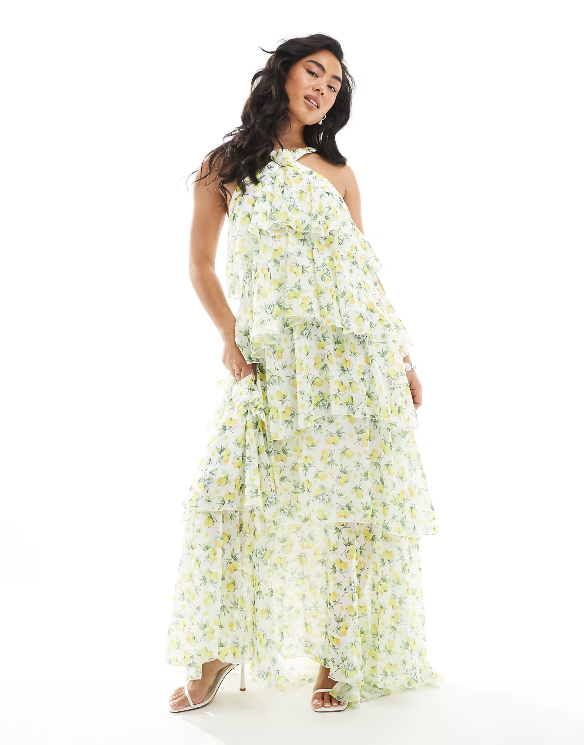 Vero Moda Felicia halter neck tiered maxi dress with corsage detail in lemon print | ASOS (Global)