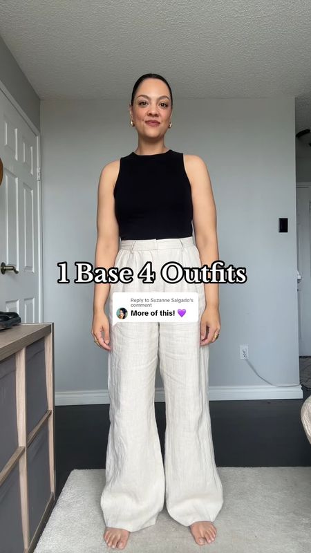 Four ways to style linen pants for summer!

Base:
-Dissh beige linen high-rise wide-leg tailored pants. I have a size 8. 
-H&M black high-neck tank top. I have a size medium. 

Outfit 1:
-Black oversized suiting vest. Similar linked. 
-Black belt with gold hardware from Aritzia. 
-Black utility sandals. 
-Coach tabby shoulder bag with brass hardware. 
-Celine Triomphe rounded black sunglasses. 

Outfit 2:
-Brown woven ballet flats from Madewell. 
-Navy and cream striped cardigan. 
-Celine teen Triomphe bag in tan. 
-Celine Triomphe rounded sunglasses in black  

Outfit 3:
-H&M white button up shirt. I have a size medium. 
-Same belt as outfit 1 and sunglasses. 
-Adidas samba sneakers. 
-Arket mini crossbody black leather bag. 

Outfit 4:
-Gap straw tote bag. 
-Steve Madden beige slip on sandals. 
-Black crochet sweater. Similar linked. 


#LTKsummer #LTKspring #LTKstyletip