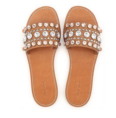 Miu Miu Montana Women's Crystals Brown Leather Flat Sandals N4249 Size 38.5 EUR | eBay US