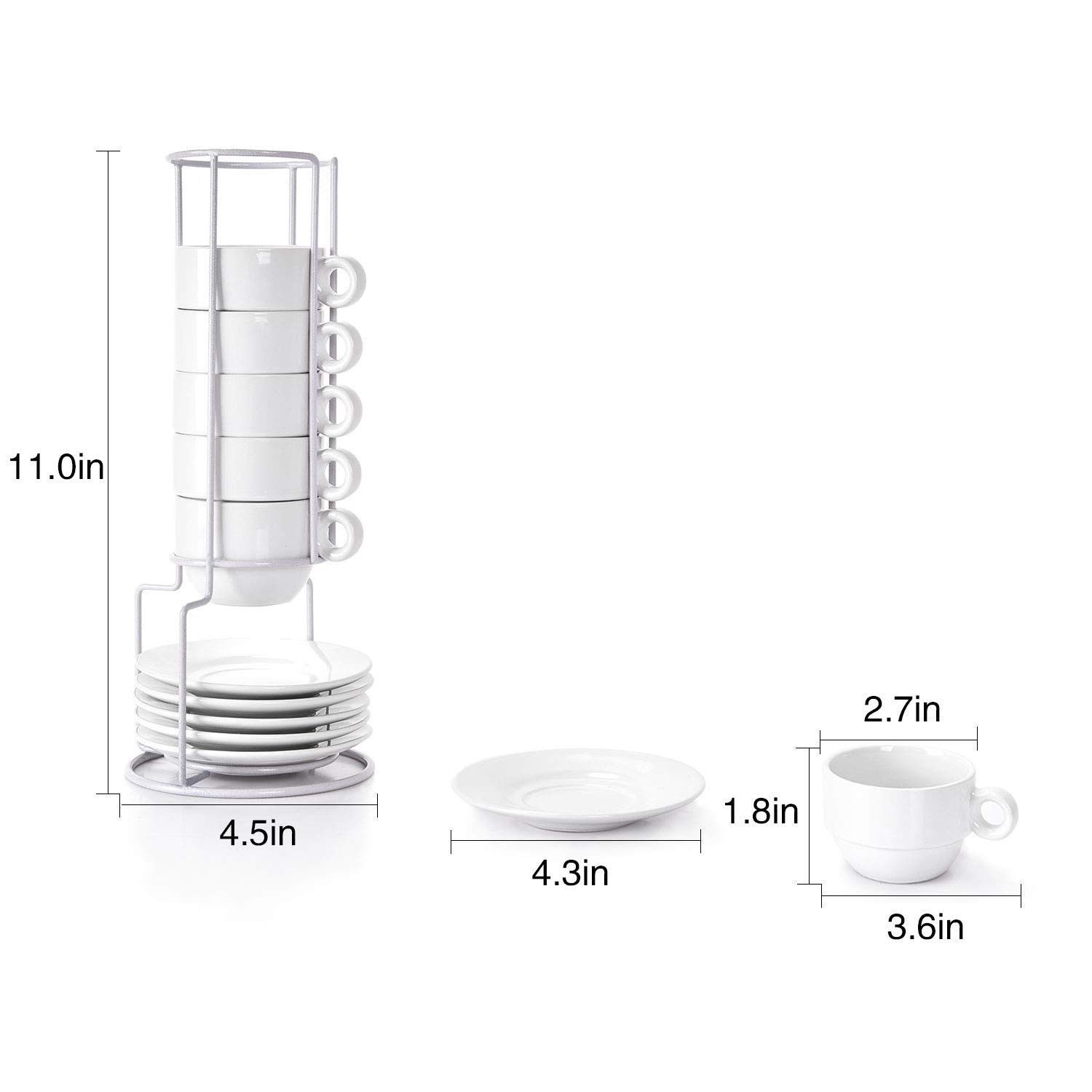 Porcelain Espresso Cups with Saucers and Metal Stand, 2.5 Ounce Stackable Ceramic Espresso Mugs, Dem | Amazon (US)