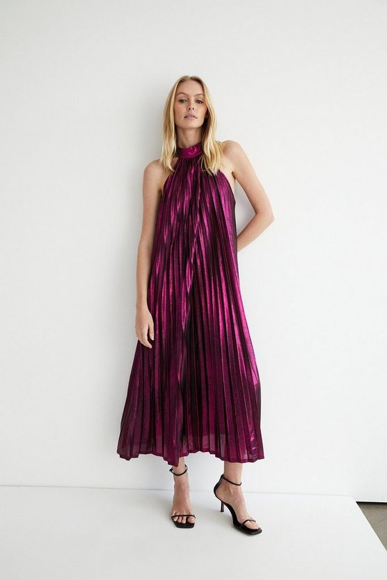 Metallic Lame Pleated Halter Neck Midi Dress | Warehouse UK & IE