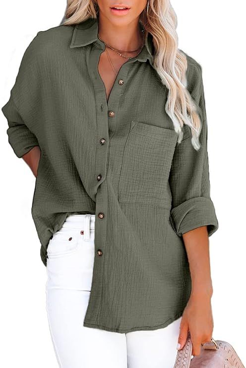 Fuedage Women's Solid Button Down Casual Pockets Long Sleeves Loose Blouse Shirt | Amazon (US)