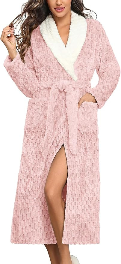 Ekouaer Women's Robe Long Plush Soft Bathrobe Jacquard Color Block Robes Shawl Collar Sleepwear w... | Amazon (US)