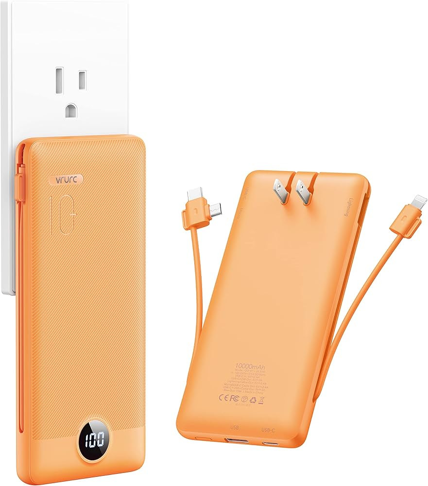 VRURC Portable Charger 10000mAh, Power Bank Built-in AC Wall Plug, Two Cables, 5 Outputs 2 Inputs... | Amazon (US)