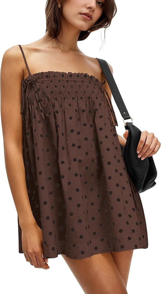 Women Polka Dot Sleeveless Square Neck Backless Spaghetti Strap Smocked Flowy Ruched Sexy Mini Ca... | Amazon (US)