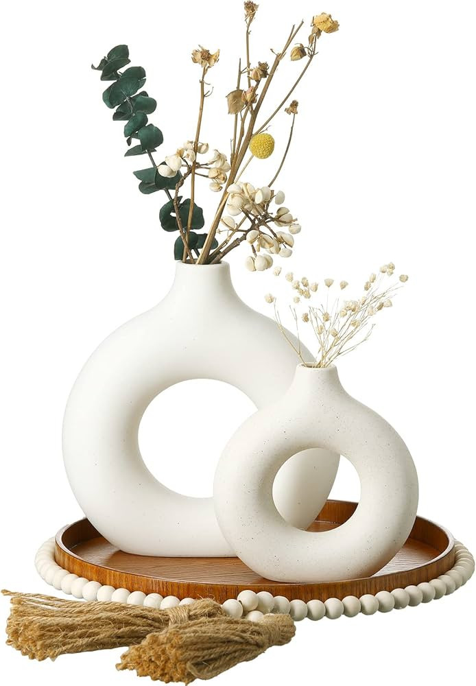 4 Pieces White Ceramic Vase Set Modern Vase with Tray and Wood Bead Garland Boho Home Decor Hollo... | Amazon (US)