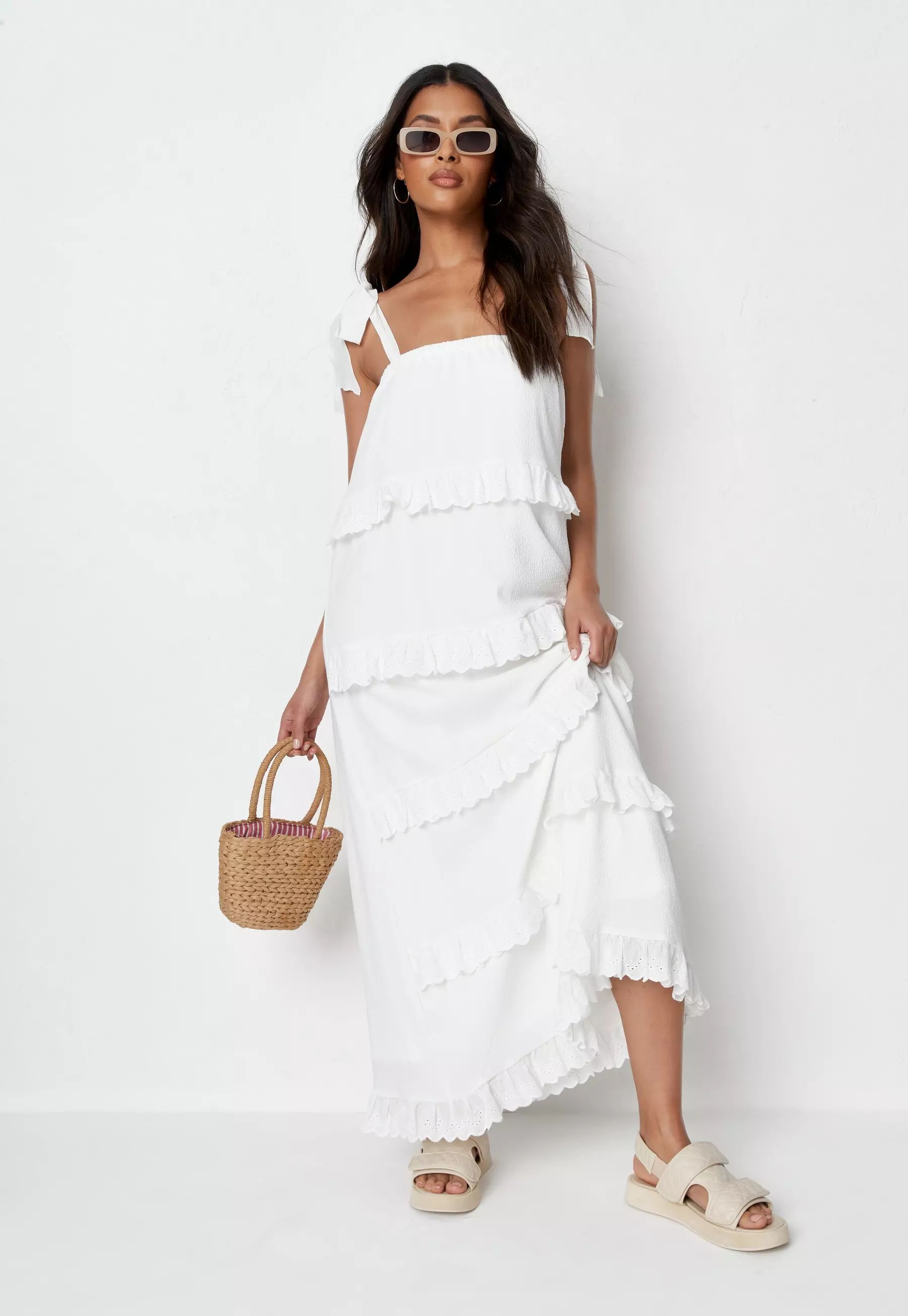 White Crinkle Cami Ruffled Tiered Maxi Dress | Missguided (US & CA)