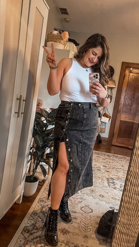 Cool and casual 😎

Loving this denim midi skirt so much that I have it in two colors! Wearing an XL. The black denim is so cool and edgy if that’s your vibe. 

Paired with a white bodysuit that I wear on repeat, also an XL

Edgy outfit, edgy style, black denim, midi skirt, jean skirt, denim skirt, white top, curvy style, curvy outfit

#LTKSeasonal #LTKmidsize #LTKcurves