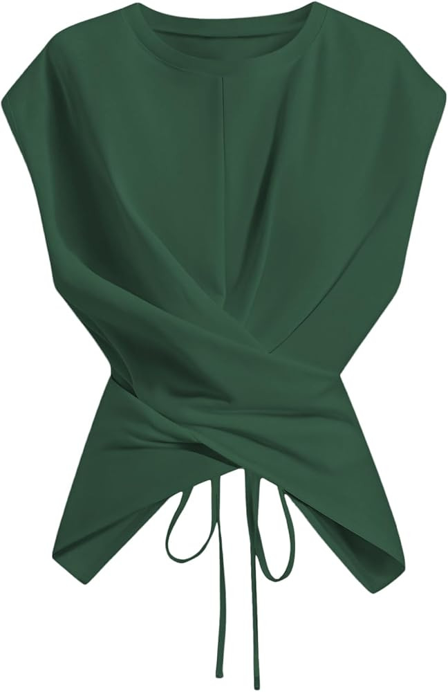 Verdusa Womens Cinched Waist Wrap Top Cap Sleeve Tie Back Asymmetrical Tops | Amazon (US)