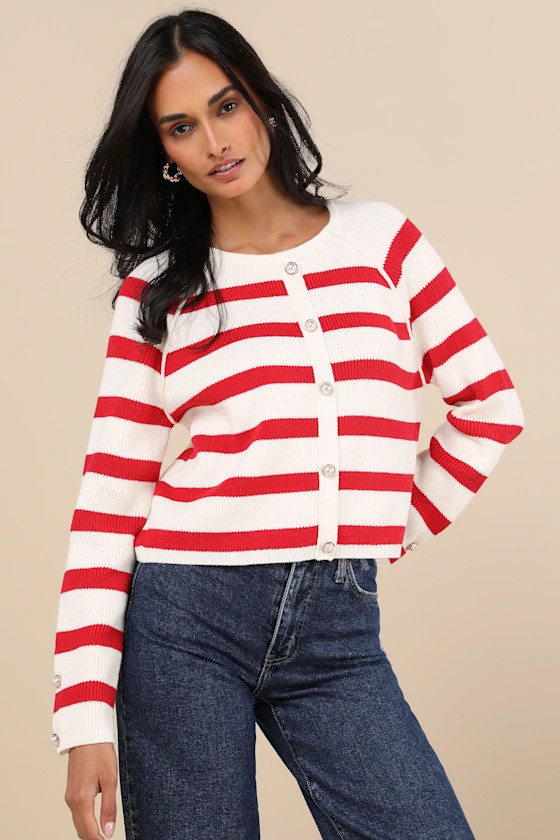Cultivated Essential Ivory and Red Striped Cardigan | Lulus