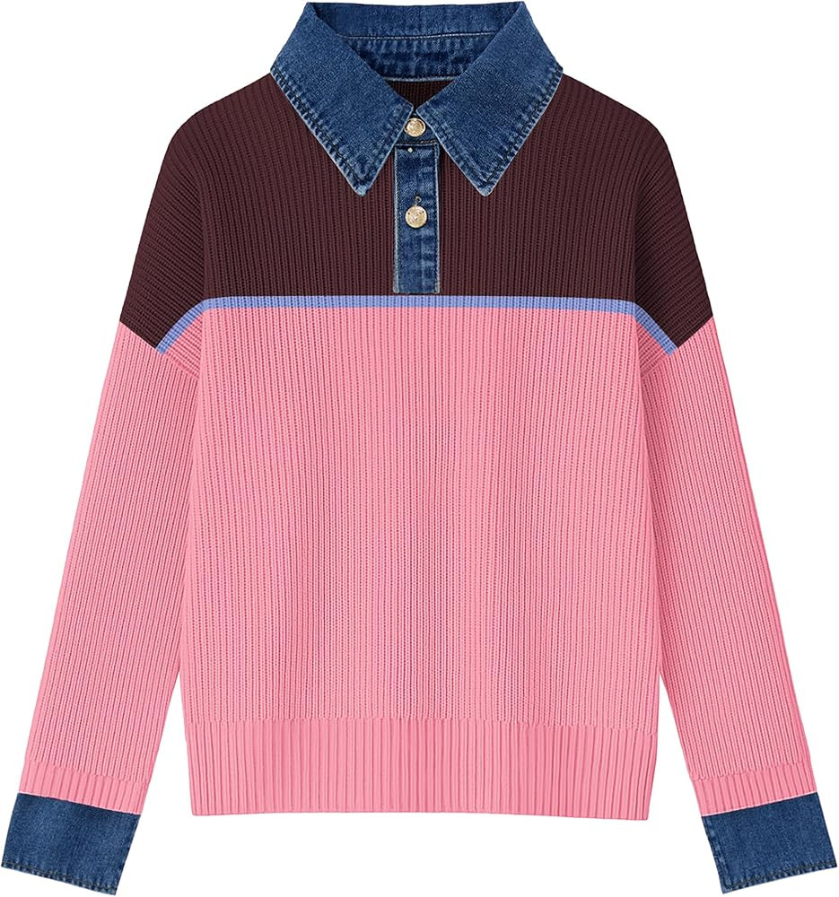 Women’s Sweaters Long Sleeve Denim Lapel V Neck Buttons Closure Pullover Tops Casual Winter Pol... | Amazon (US)