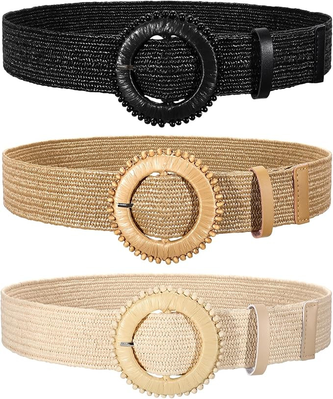 3 Pack Straw Woven Stretch Belt for Women,Raffia Elastic Belt for Dress Wide Boho Waist Belt with... | Amazon (US)