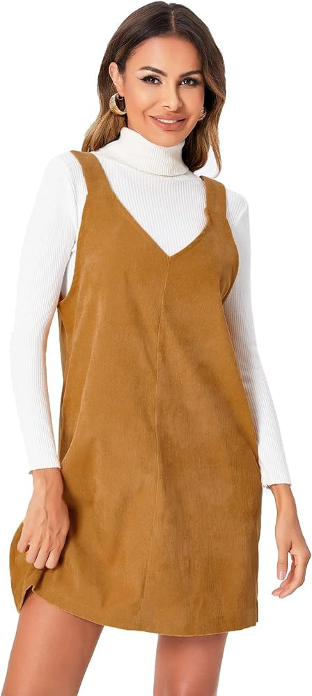 Milumia Women's V Neck Corduroy Pinafore Overall Mini Dress Jumper Dress | Amazon (US)