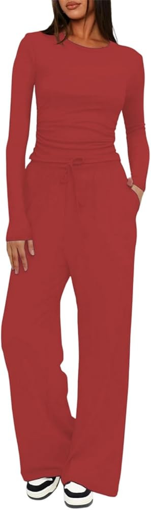 Women's Sweatsuits 2 Piece Sets Long Sleeve Side Ruched Top High Waist Pocket Wide Leg Drawstring... | Amazon (US)
