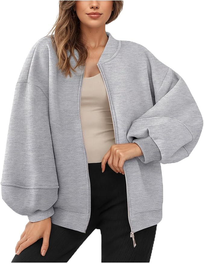 Arssm Womens Oversized Zip Up Sweatshirt Jackets Fleece Lantern Sleeve Casual Fall Bomber Jackets | Amazon (US)