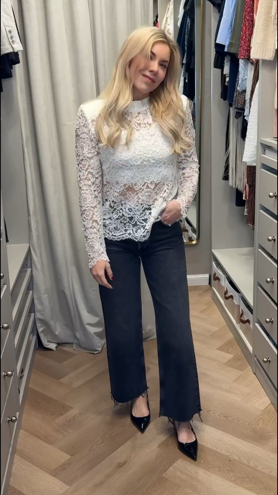 Lace top
Black jeans 
Wide leg cropped jeans 
Kitten heel 
Spring Outfit 

#LTKSeasonal #LTKgrwm #LTKootd