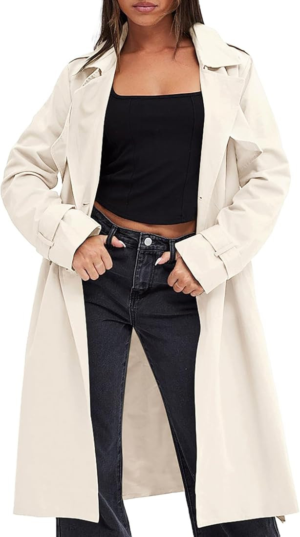 Fisoew Women's Double Breasted Trench Coats Causal Windproof Long Lapel Pocketed Overcoat with Be... | Amazon (US)