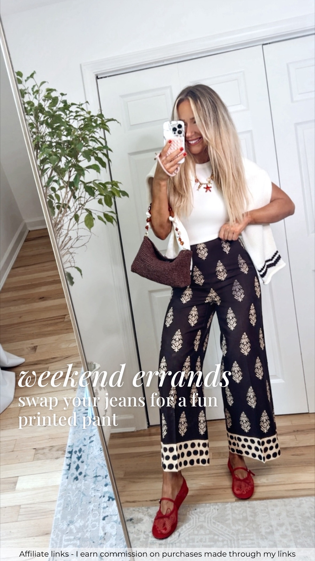Affiliate links - I earn commission on purchases made through my links | weekend errands outfit
J.Crew printed pants
Brown straw bag