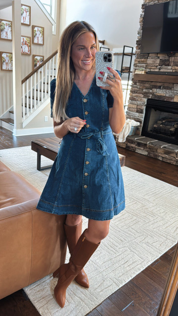 This tie denim dress is the perfect addition to any wardrobe! I love that denim dresses are stylish every spring but that they keep evolving to be just a little different. This one is super flattering with a v-neck line and flared bottom. The cinch tie waist makes it perfection. I paired with brown heeled knee high boots, but you could also style with sandals, booties, or heels for a date night look. 

 #LTKSpringSale #LTKSeasonal #LTKFindsUnder100