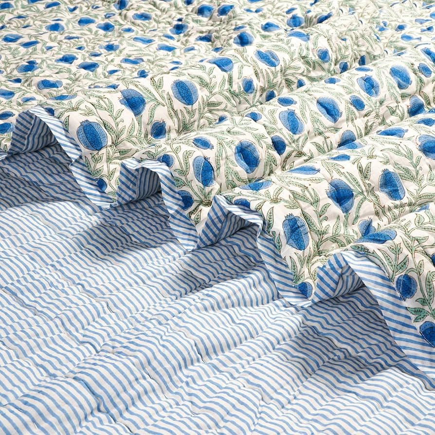Ridhi Cotton Reversible Quilt Hand Block Printed Queen 90 x 96 Queen Blue Soft Lightweight Blanke... | Amazon (US)