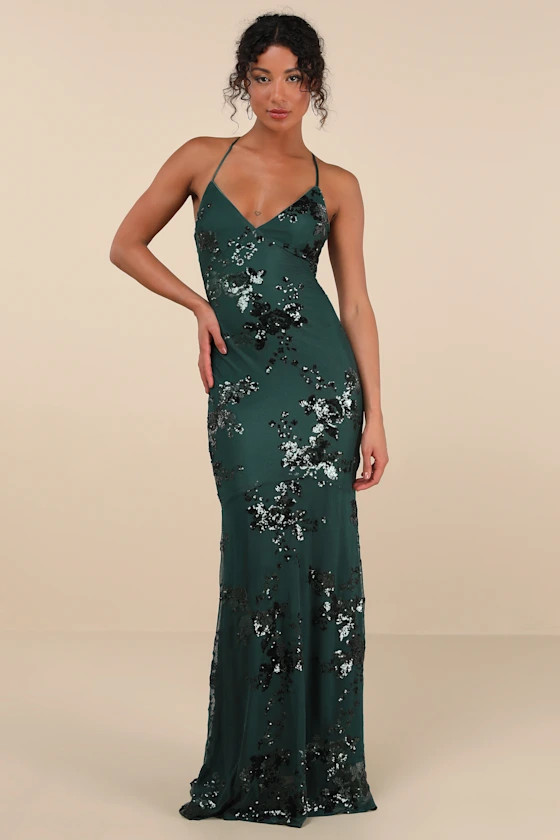 Valhalla Forest Green Sequin Lace-Up Maxi Dress | Lulus