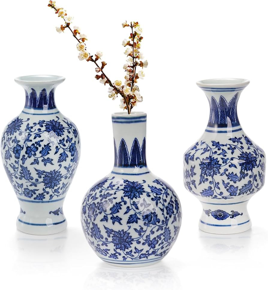 3 Pack Small Blue and White Porcelain Vases, 5.5 Inch Tall Mini Vintage Vases, Classic Decorative... | Amazon (US)