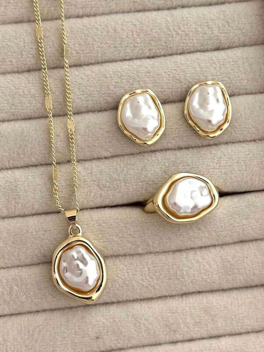 4pcs Fashionable Rayqueen Asymmetrical Baroque Pearl Earrings, Ring, Pendant Necklace Jewelry Set... | SHEIN